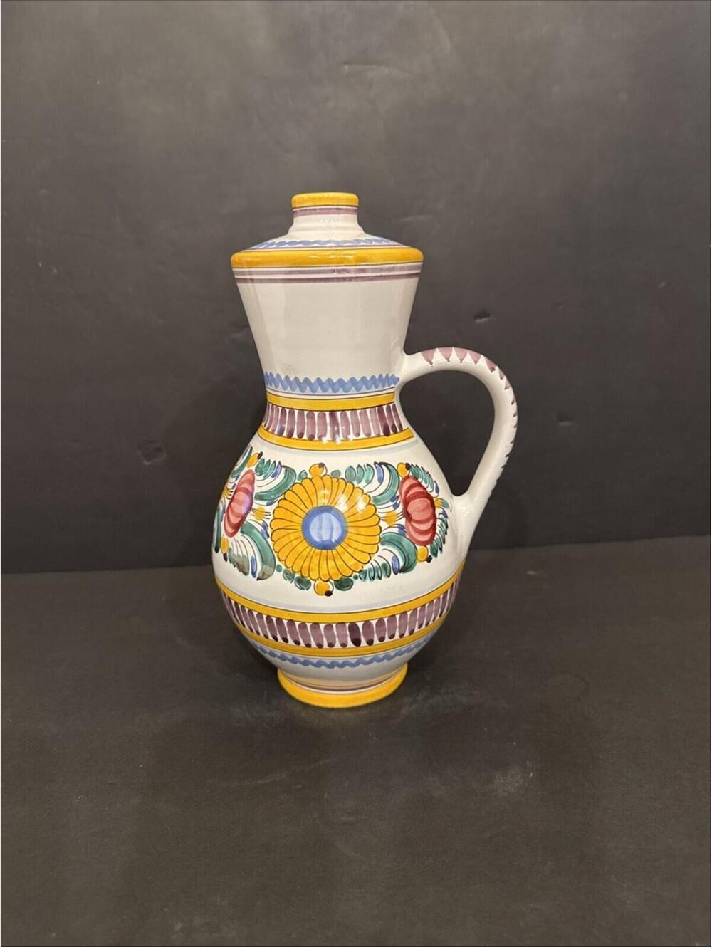 Czechoslovakian Modra Ceramic Pottery 10 1/2”Floral Jug Yellow Blue Green Purple